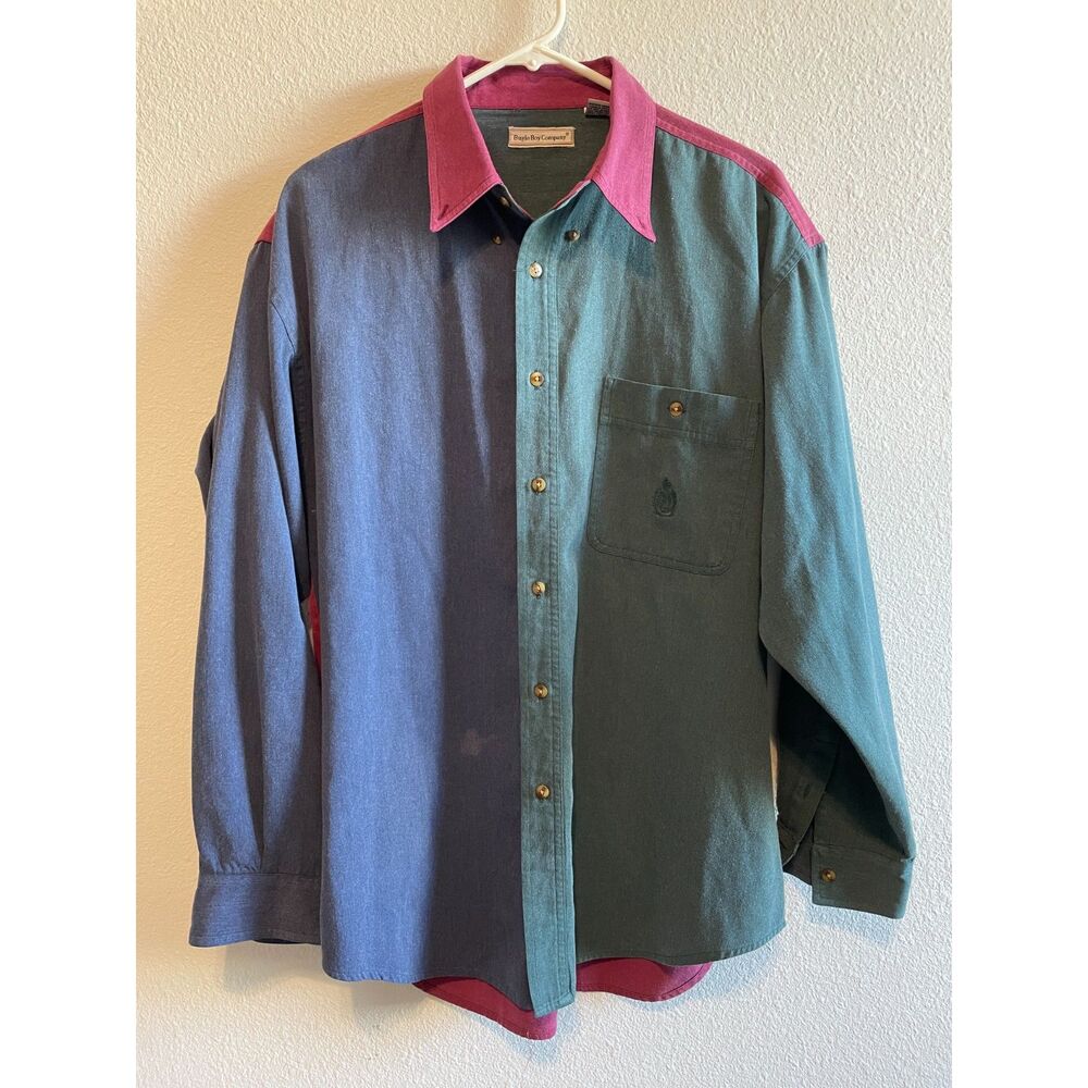 Vintage 90s Bugle Boy Color Block Shirt Mens XL Burgundy Green Blue Button Down